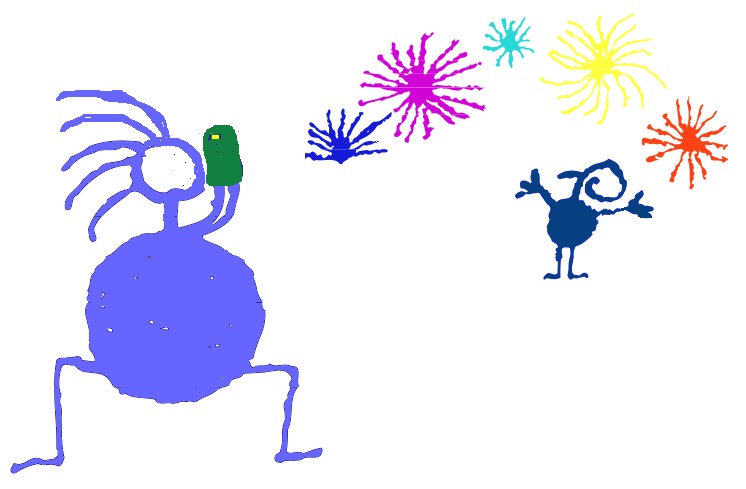 cave-drawing-like representation of a person using a
          camera phone to film a person celebrating something.